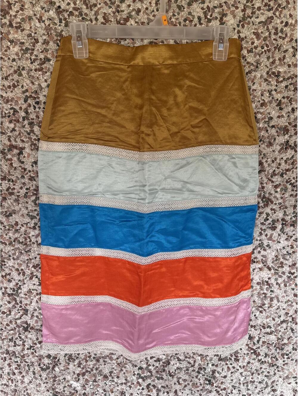 J.Crew Colorblock Satin Lace Trim Midi Pencil Skirt Size 2 Multicolor